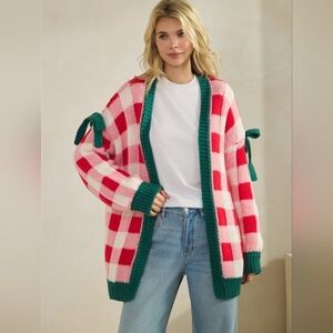 Christmas Plaid Bow Open Front Sweater Knit Cardigan